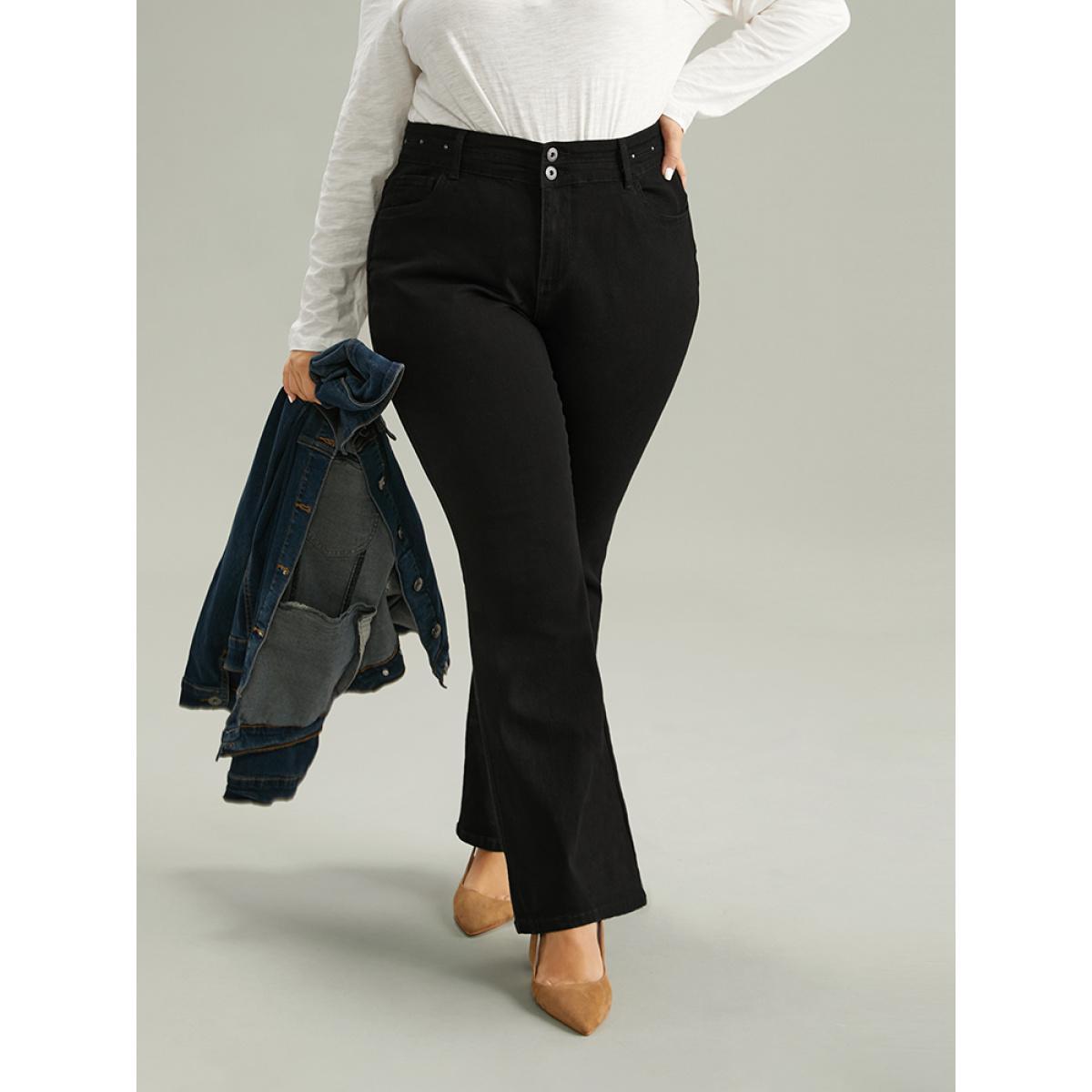 Plus Size Very Stretchy Beaded Detail Bootcut Jeans Women Black Casual Plain Beaded High stretch Pocket Jeans BloomChic 20/2X Product Image