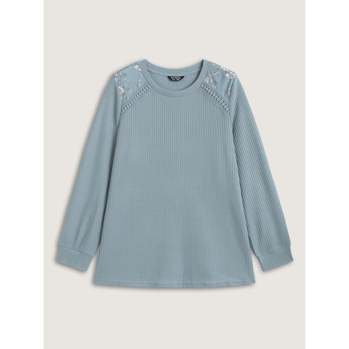Plus Size Waffle Spliced Floral Lace Sweatshirt Women Stone Round Neck Everyday-Casual Sweatshirts BloomChic 12/L Product Image