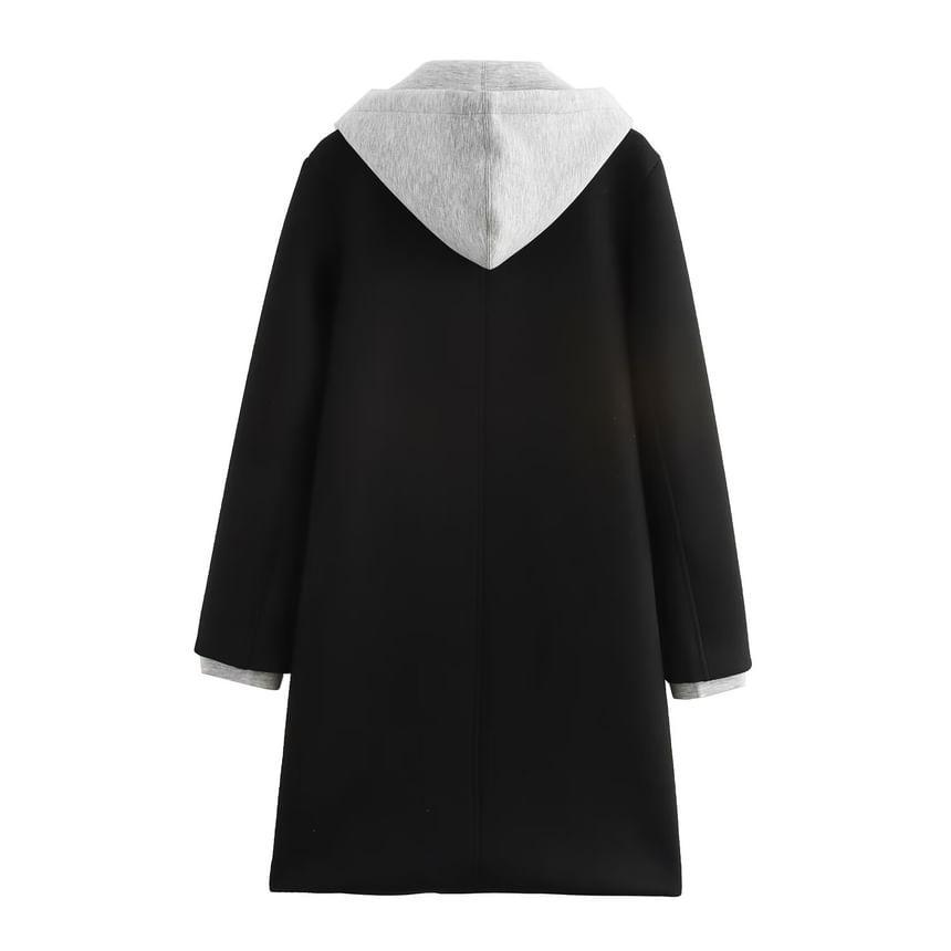 Mock Two-Piece Drawstring Hooded Midi Single-Breasted Coat Product Image