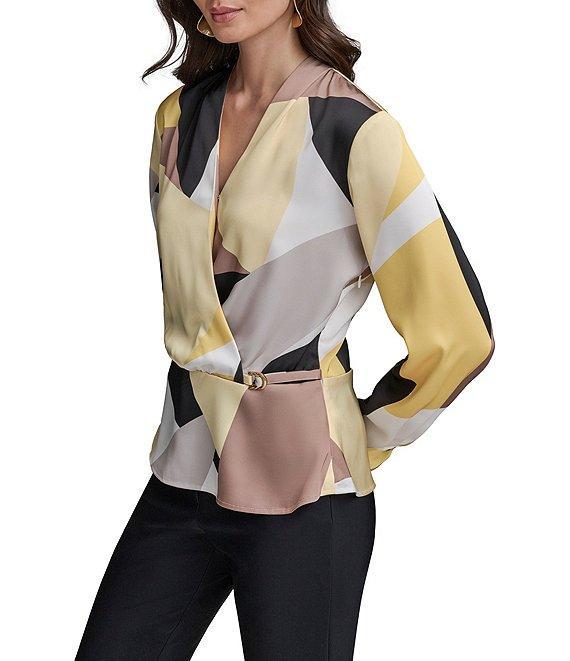 Donna Karan V-Neck, Long Sleeve Woven Print Faux Wrap Blouse Product Image