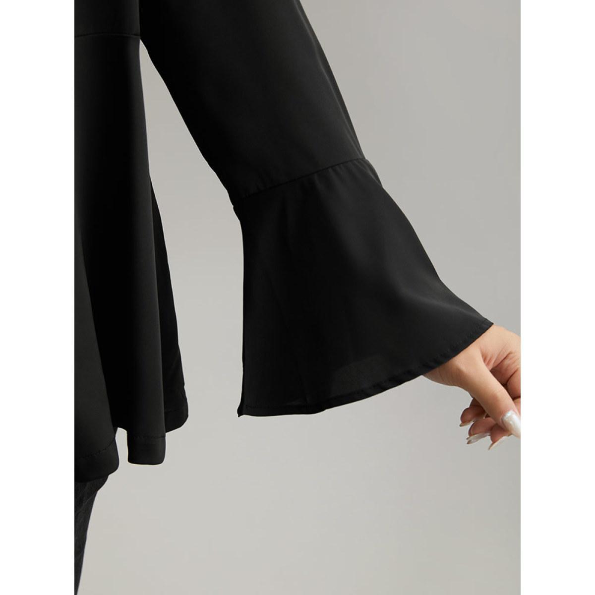 Plus Size Plain Ruffles Button Up Blazer Black Women Dailywear Plain Plain Ruffle Sleeve Long Sleeve Lapel Collar 14-16/1X Casual Blazers BloomChic Product Image