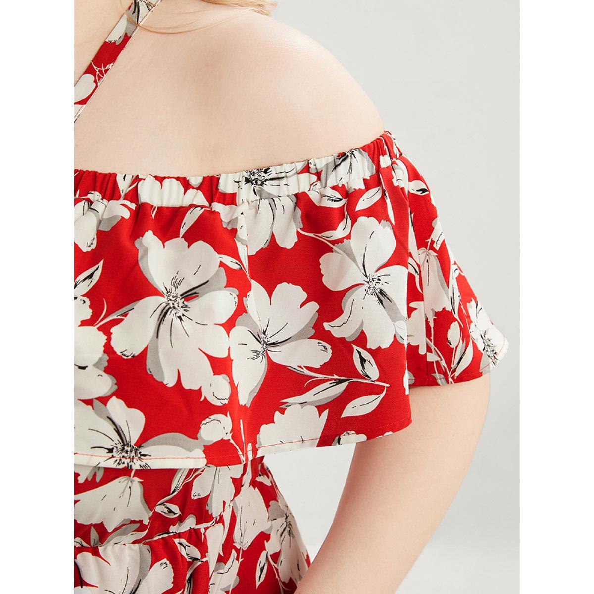Plus Size Floral Print Pocket Ruffles Trim Split Halter Maxi Dress Scarlet Women Elegant Elastic Waist Halter neck Short sleeve Curvy Long Dress BloomChic 10/M Product Image