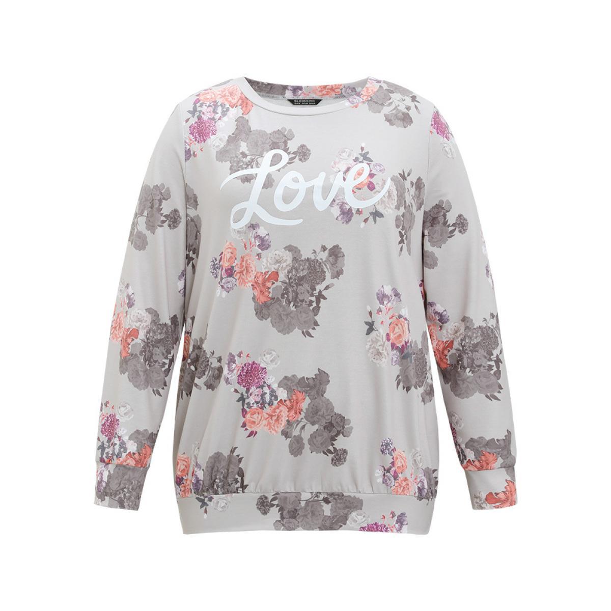 Plus Size Letter & Floral Print Crew Neck Sweatshirt Women Multicolor Elegant Printed Round Neck Dailywear Sweatshirts BloomChic 14-16/1X Product Image