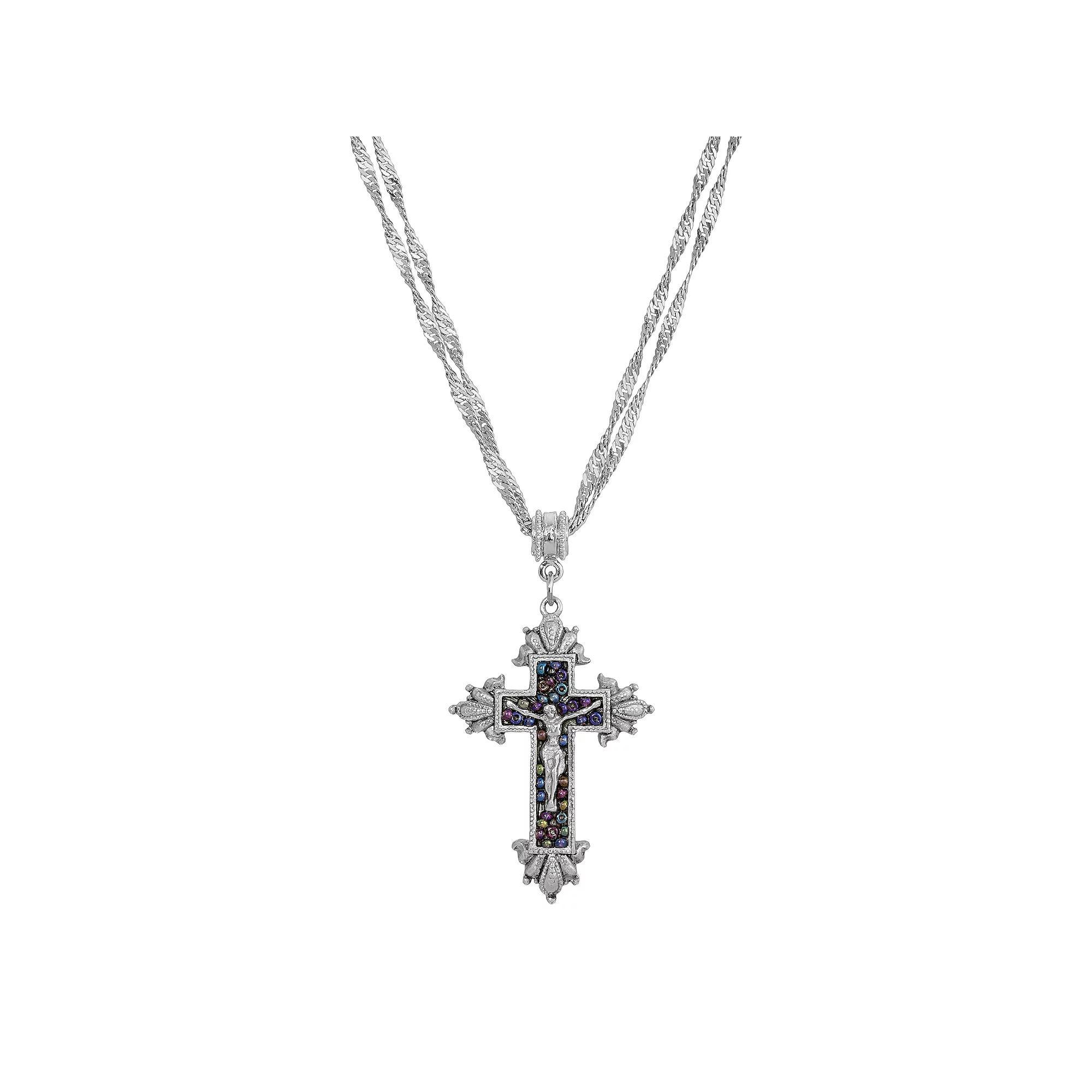 Symbols of Faith Crucifix with Purple Seed Bead Necklace, Womens, Multi Product Image