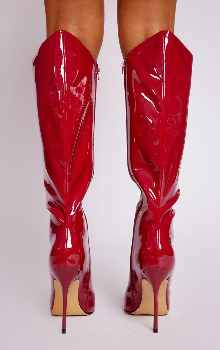 Cherry Red Point Toe Patent PU Angled Edge Knee High Heeled Boots Product Image