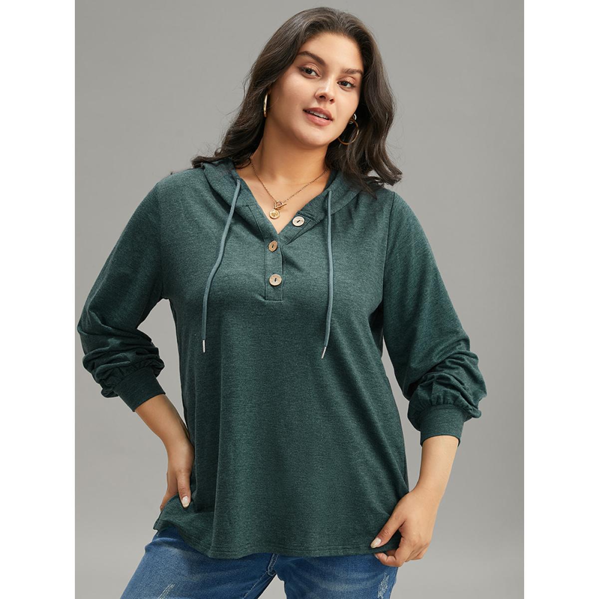 Plus Size Plain Drawstring Button Up Hooded Elastic Cuffs Sweatshirt Women Green Casual Elastic cuffs Hooded Dailywear Sweatshirts BloomChic 18-20/2X Product Image
