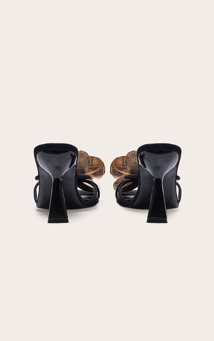 Black Faux Suede Square Toe Gold Flower Detailed Heeled Mules Product Image