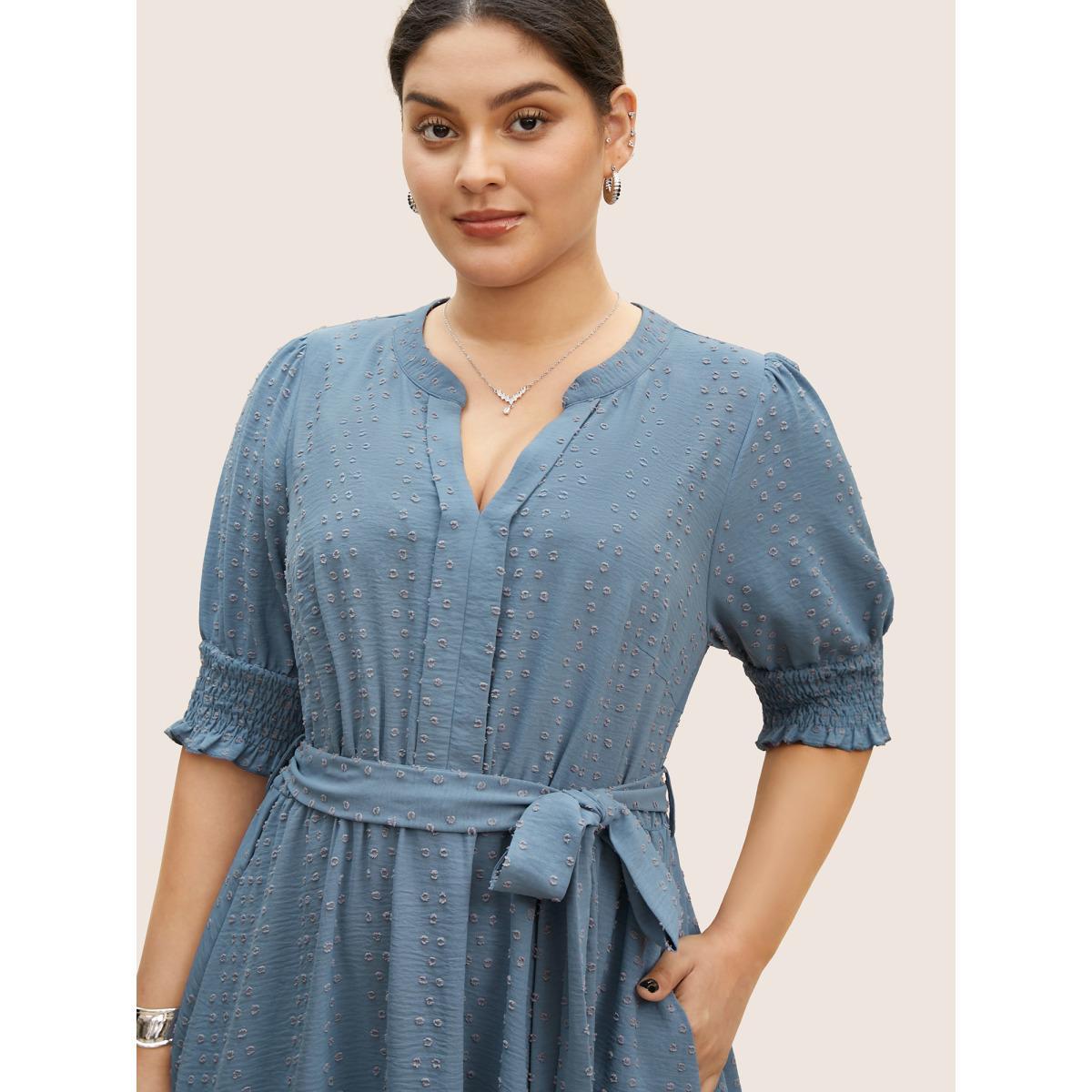 Plus Size Plain Textured Belted Lantern Sleeve Midi Dress Stone Women Work From Home Texture Flat collar with V-notch Half Sleeve Curvy BloomChic 14-16/1X Product Image