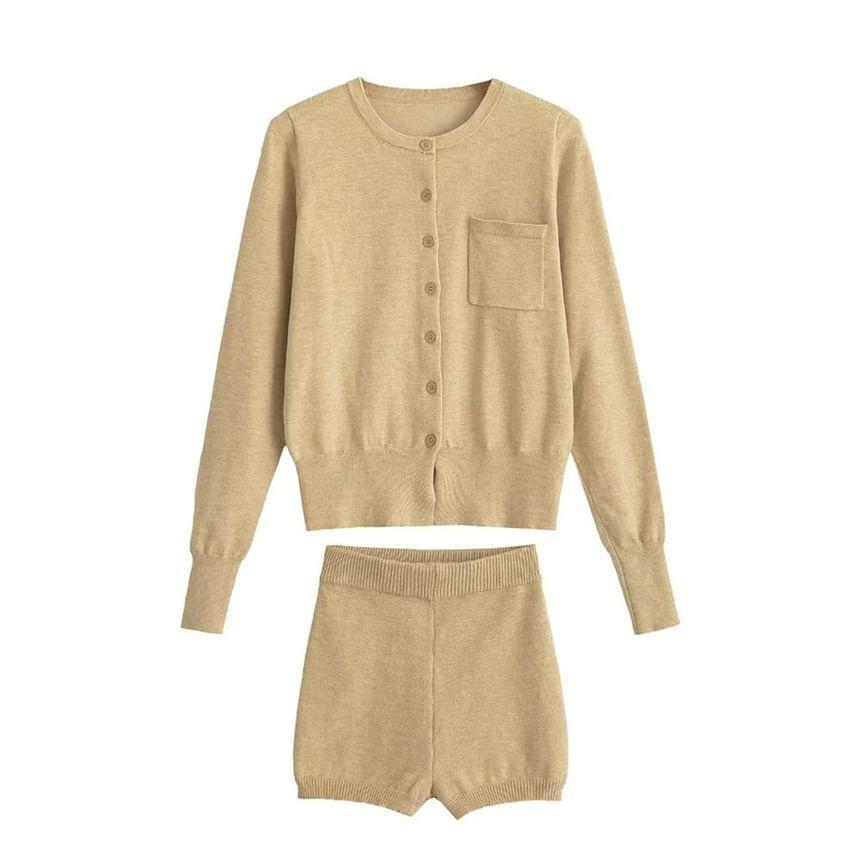 Set: Round Neck Plain Cardigan + High Waist Knit Shorts Product Image