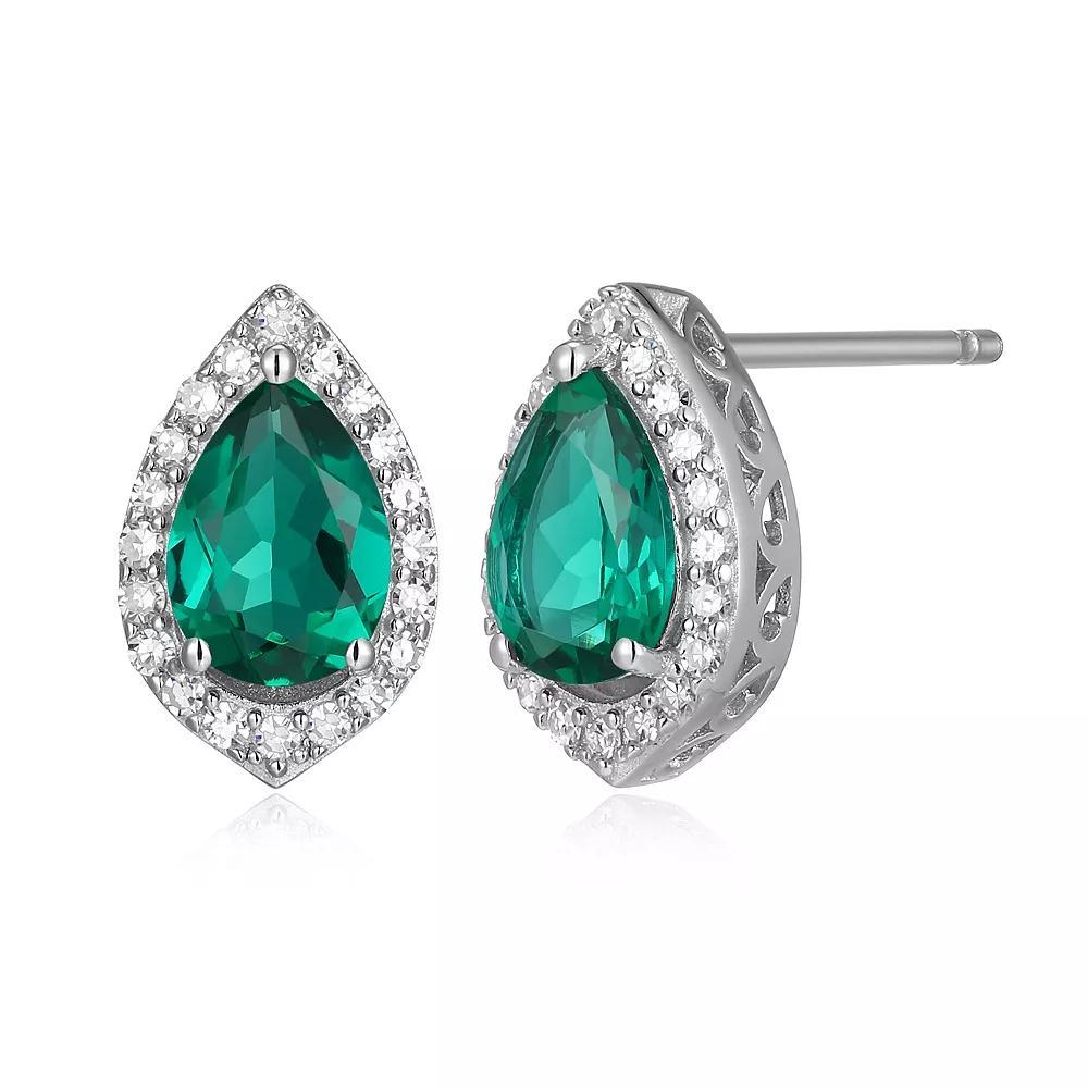 Sterling Silver Lab-Created Emerald & 1/5 Carat T.W. Lab-Grown Diamond Halo Stud Earrings, Women's Product Image