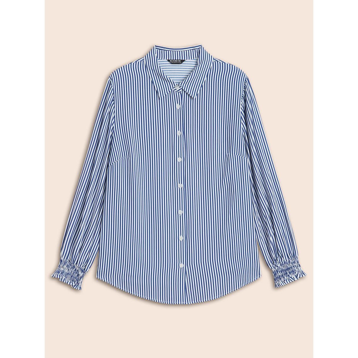 Plus Size Mediumblue Striped Shirt Collar Shirred Blouse Women Elegant Long Sleeve Shirt collar Everyday Blouses BloomChic 12/L Product Image