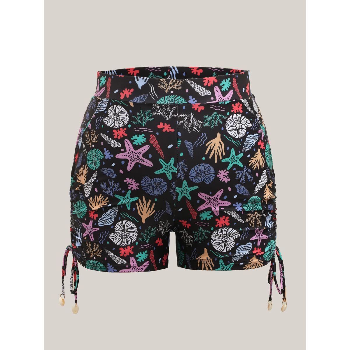 Plus Size Seashell Print Adjustable Drawstring Swim Bottoms Women's Swimwear Multicolor Beach Drawstring High stretch Skinny High Rise Side seam pocket Curve Swim Bottoms BloomChic 28/5X Product Image