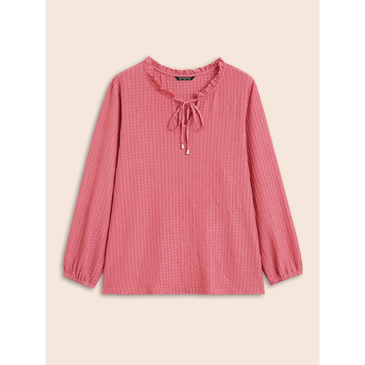 Plus Size Textured Tie Knot Lantern Sleeve T-shirt Beanpastepowder Women Casual Tie knot V-neck Everyday T-shirts BloomChic 10/M Product Image