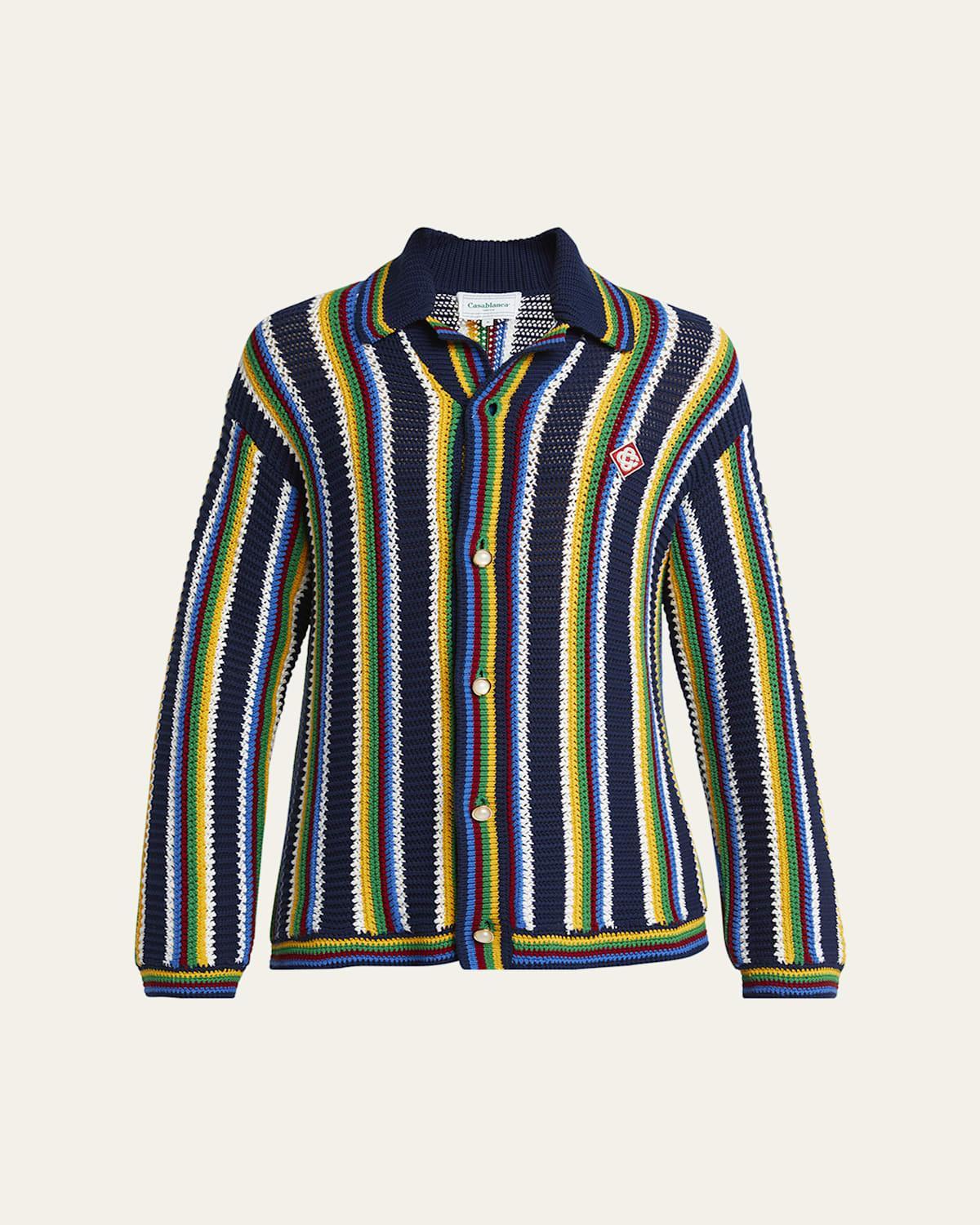 Mens Crochet Stripe Button-Down Sweater Product Image