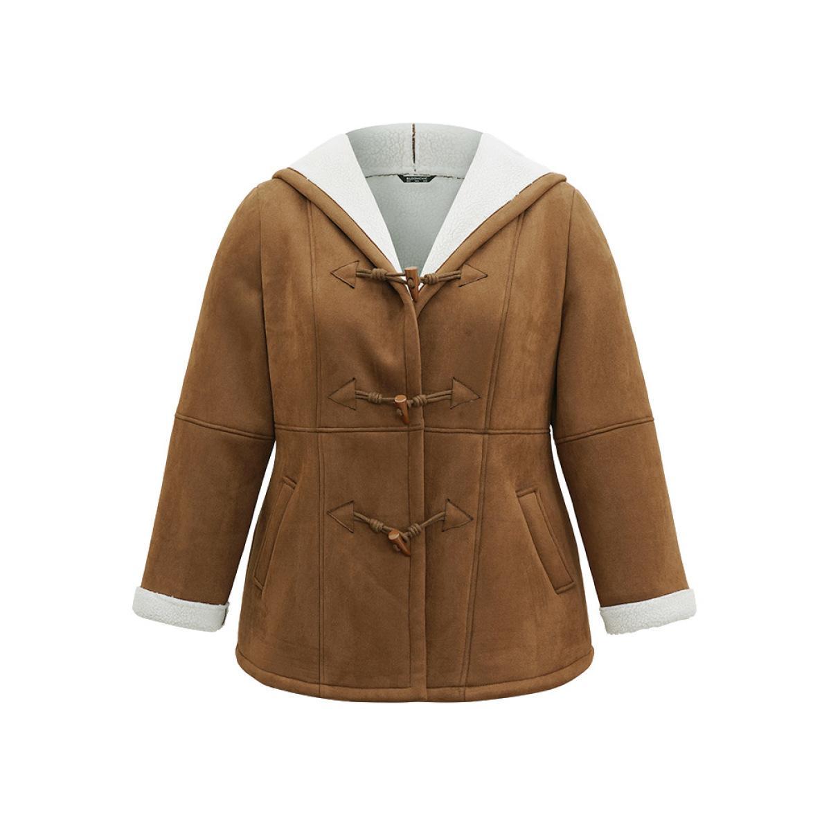 Plus Size Contrast Duffle Button Fluffy Hooded Coat Women DarkBrown Casual Lined Ladies Dailywear Winter Coats BloomChic 22-24/3X Product Image