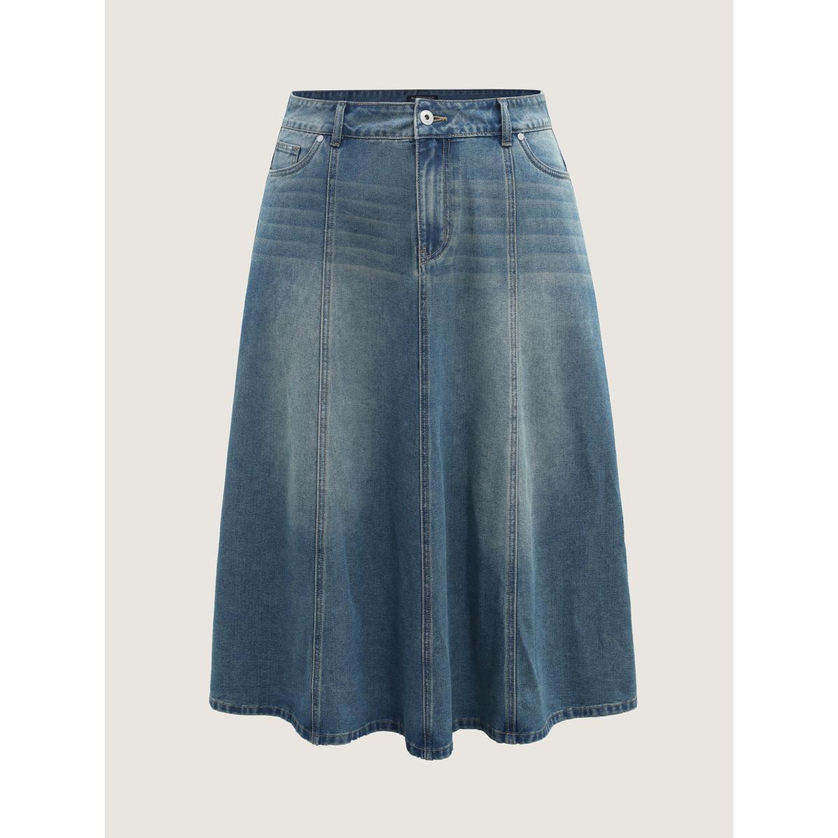 Plus Size Vintage Wash A-Line Denim Maxi Skirt Women Denimblue Everyday-Elegant No stretch Medium Wash 26/4X Slanted pocket Casual Denim Skirts BloomChic Product Image
