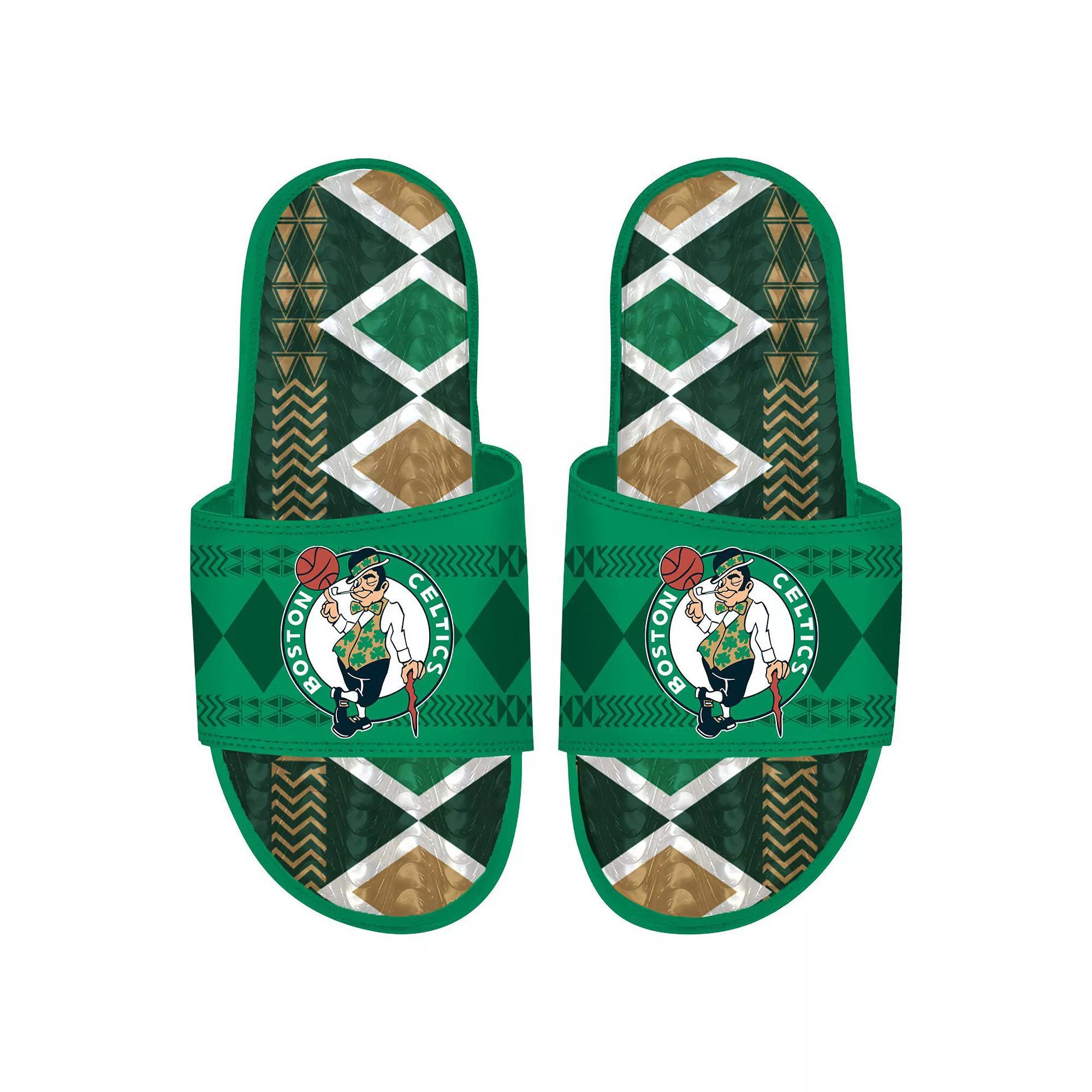 Mens ISlide Kelly Boston Celtics Shooting Touch Rwanda Pattern Gel Slide Sandals Product Image