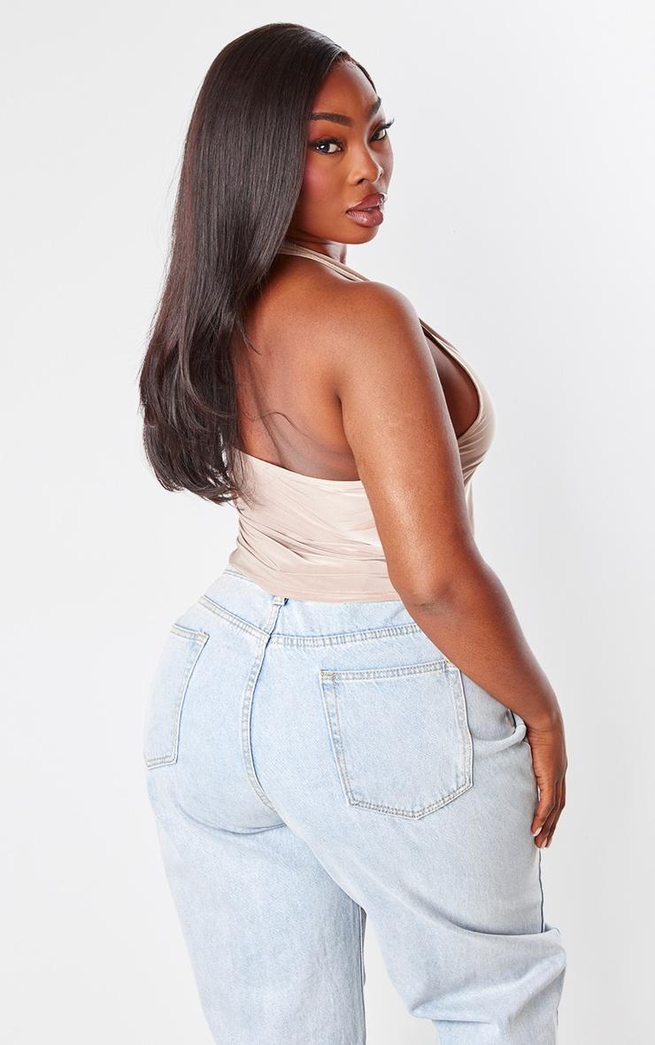 Plus Mocha Slinky Halterneck Ruched Side Long Top Product Image