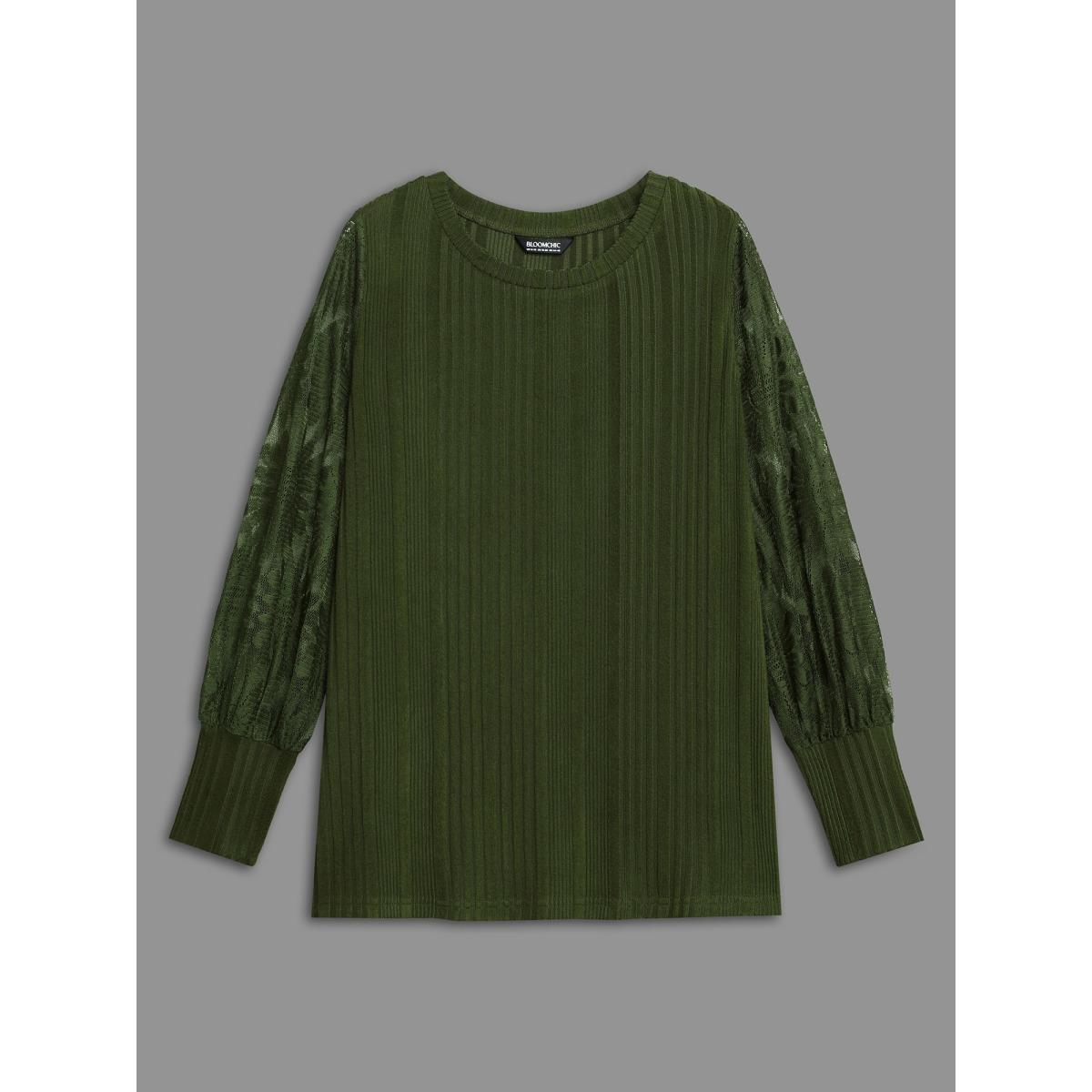 Plus Size Texture Lace Patchwork Mesh T-shirt DarkGreen Women Elegant Texture Round Neck Everyday T-shirts BloomChic 14-16/1X Product Image