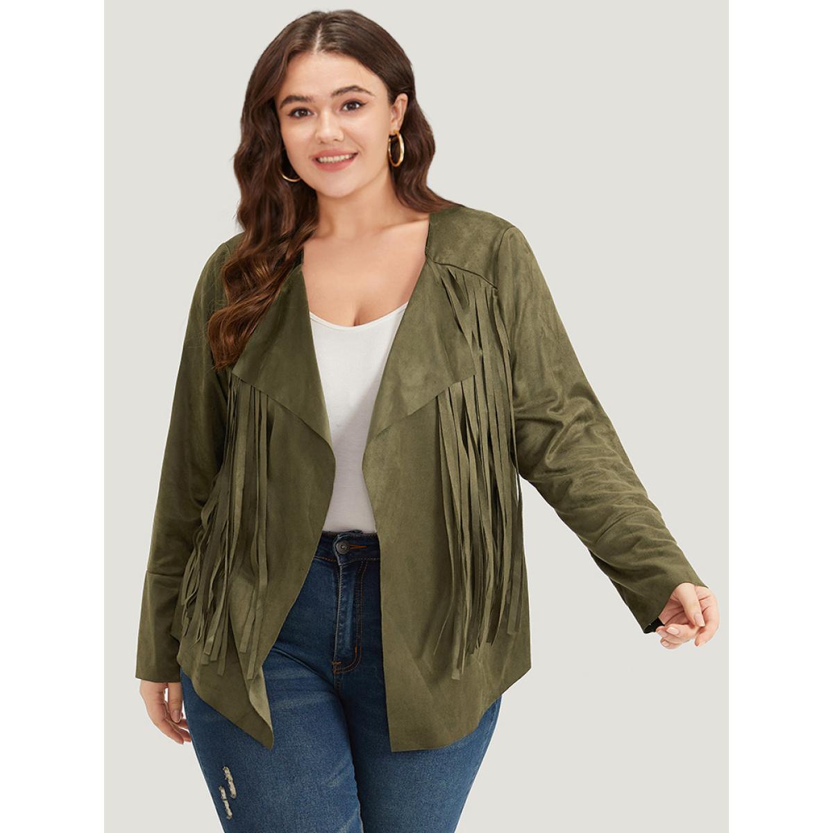 Plus Size Plain Tassel Trim Open Front Jacket Women ArmyGreen Tassels Vacation Jackets BloomChic 28/5X Product Image