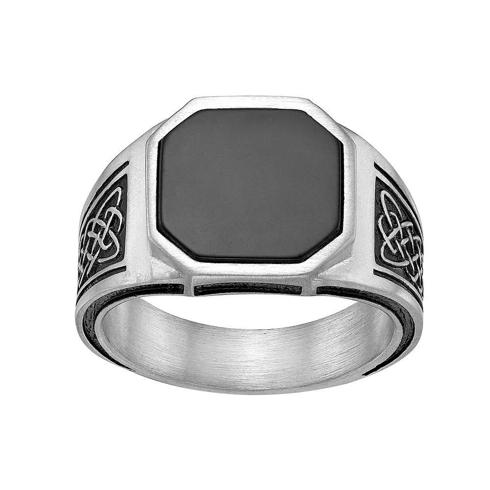 LYNX Men's Stainless Steel Black Agate Ring, Size: 8, White Product Image