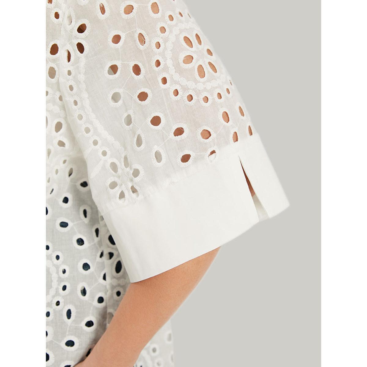 Plus Size Plain Shirt Collar Broderie Anglaise Open Front Kimono Women White Casual Patchwork Dailywear Kimonos BloomChic 12/L Product Image