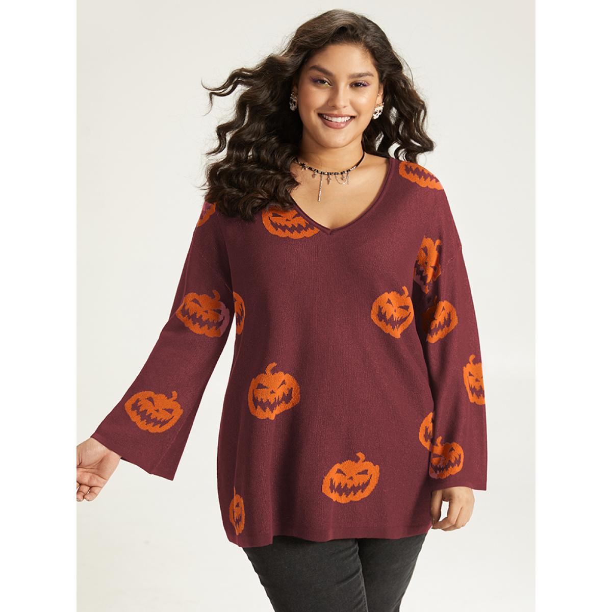 Plus Size Halloween V Neck Bell Sleeve Pullover Burgundy Women Casual Loose Long Sleeve V-neck Dailywear Pullovers BloomChic 30/6X Product Image