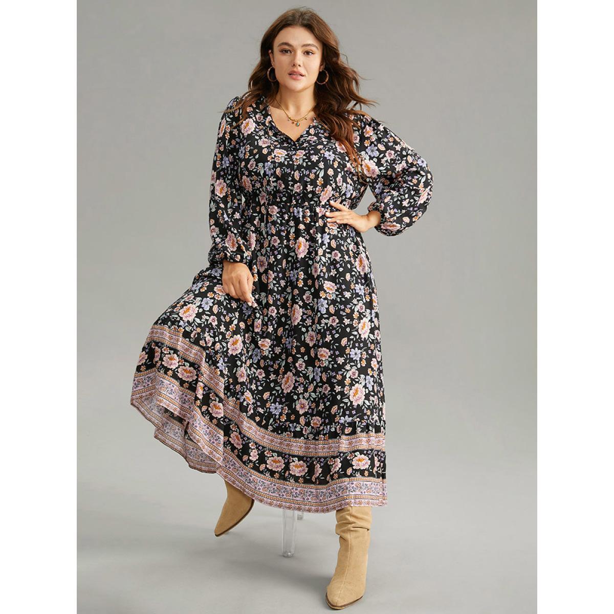 Plus Size Boho Print Lantern Sleeve Elastic Waist Dress Black Women Vacation Elastic cuffs V-neck Long Sleeve Curvy Midi Dress BloomChic 30/6X Product Image