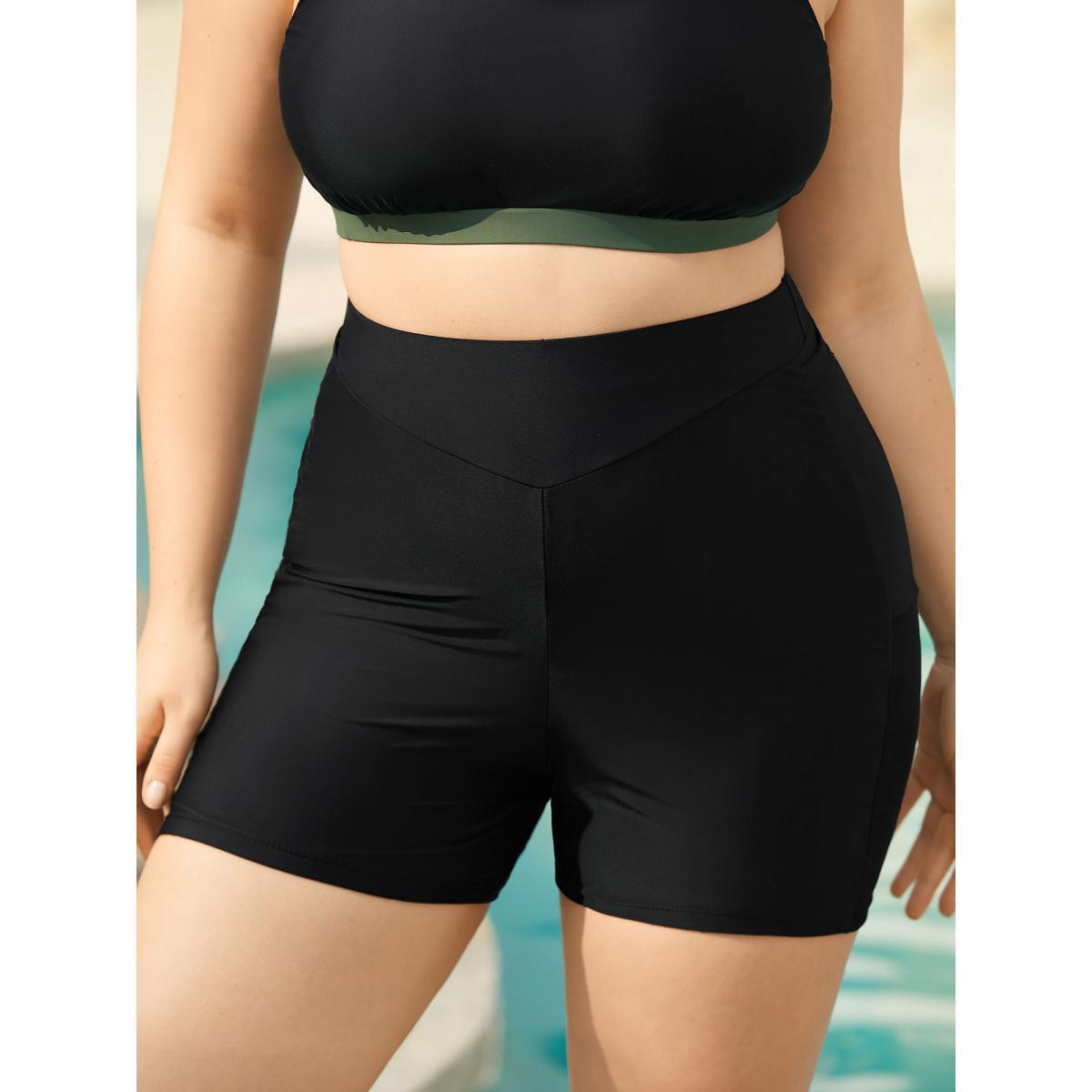 Plus Size High-Waisted Ruched Pocket Swim Bottoms Women's Swimwear Black Beach Gathered High stretch Skinny High Rise Side seam pocket Curve Swim Bottoms BloomChic 12/L Product Image