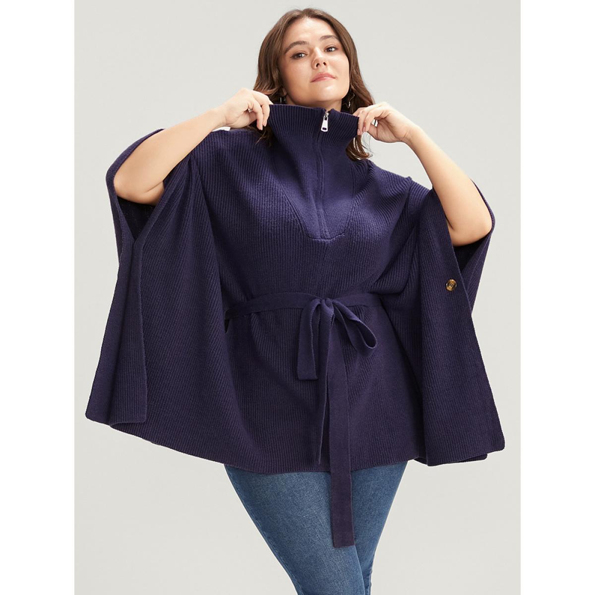 Plus Size Soft Pointelle Knit Dolman Sleeve Belted Zipper Knit Top Eggplant Women Casual Loose Cap Sleeve Mock Neck Dailywear Pullovers BloomChic 10/M Product Image