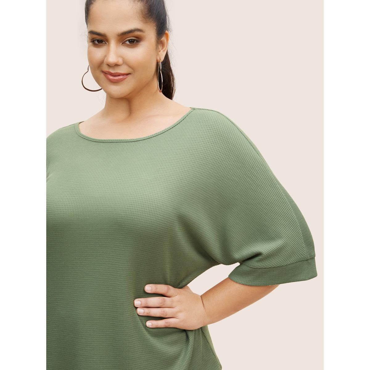 Plus Size Waffle Knit Boat Neck Dolman Sleeve T-shirt Moss Women Casual Texture Boat Neck Everyday T-shirts BloomChic 22-24/3X Product Image