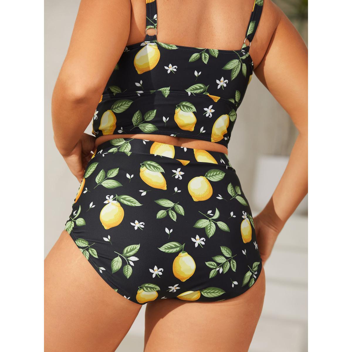 Plus Size Lemon Print Pleated Tight-Fit Swim Bottoms Women's Swimwear Black Beach Gathered High stretch Skinny High Rise Curve Swim Bottoms BloomChic 14-16/1X Product Image