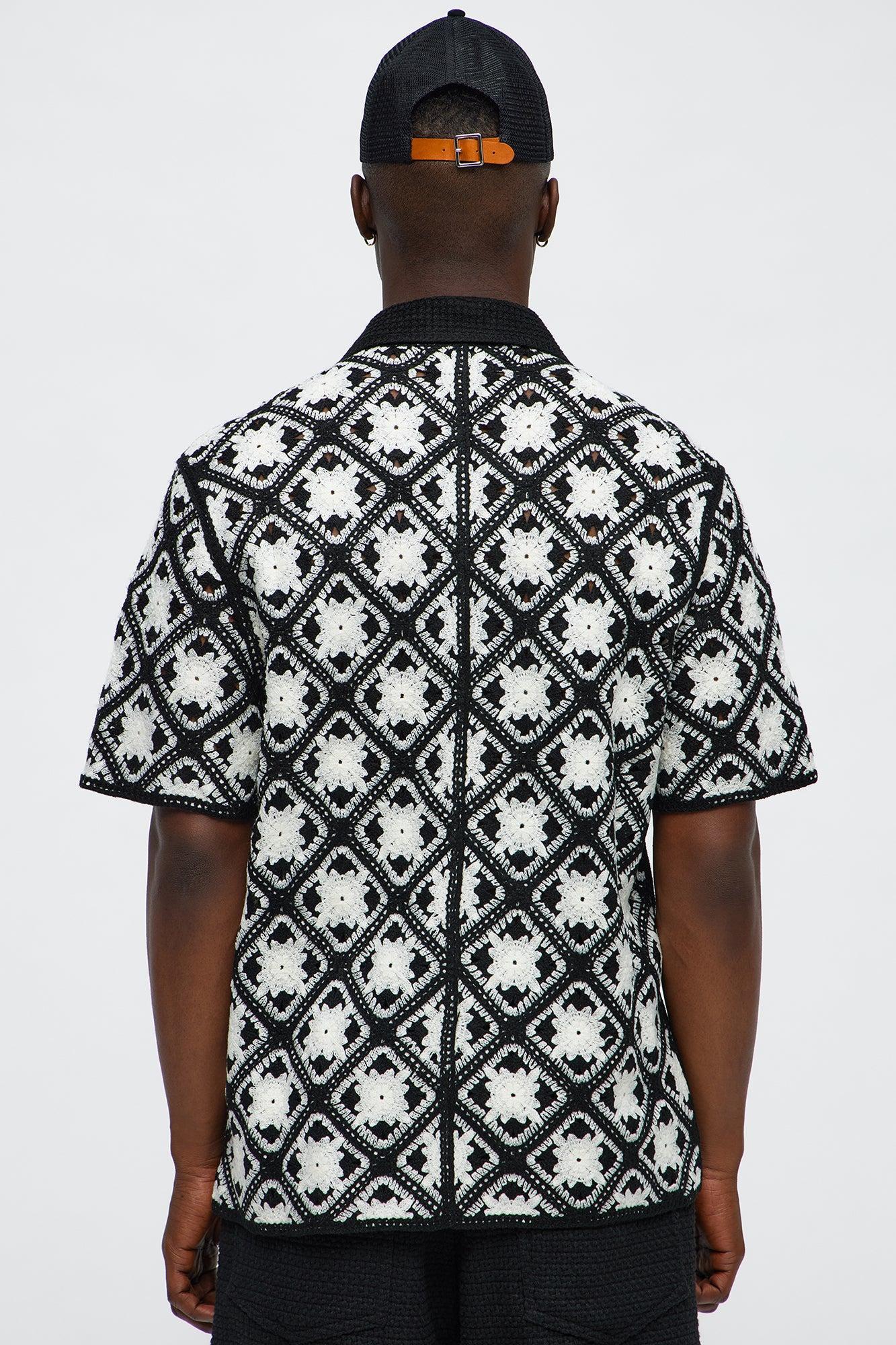 Crochet Starry Diamonds Closed Collar Shirt - Black/White Product Image
