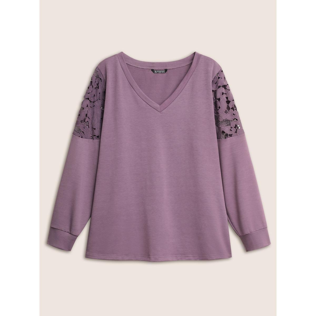 Plus Size Lace Patchwork Embroidered V Neck Sweatshirt Women Mauve Casual Cut-Out V-neck Everyday Sweatshirts BloomChic 18-20/2X Product Image