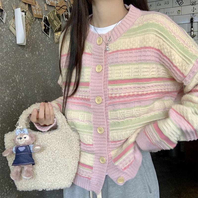 Round Neck Striped Button Up Cardigan Product Image