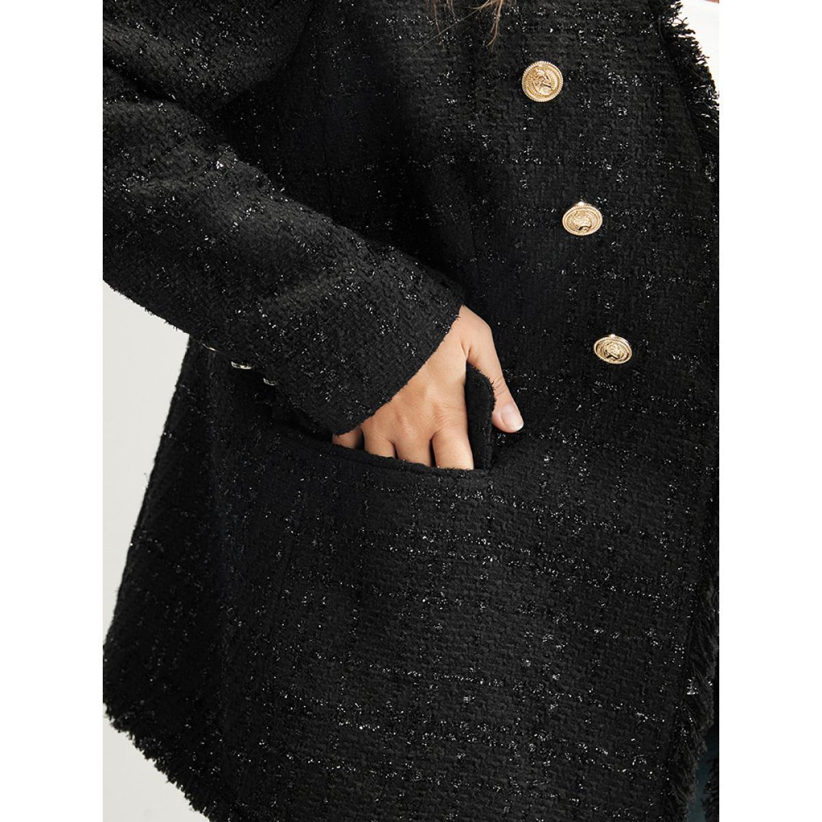 Plus Size Solid Flap Pocket Button Detail Blazer Black Women Going out Plain Button Sleeve Long Sleeve V-neck 18-20/2X Pocket Party Blazers BloomChic Product Image