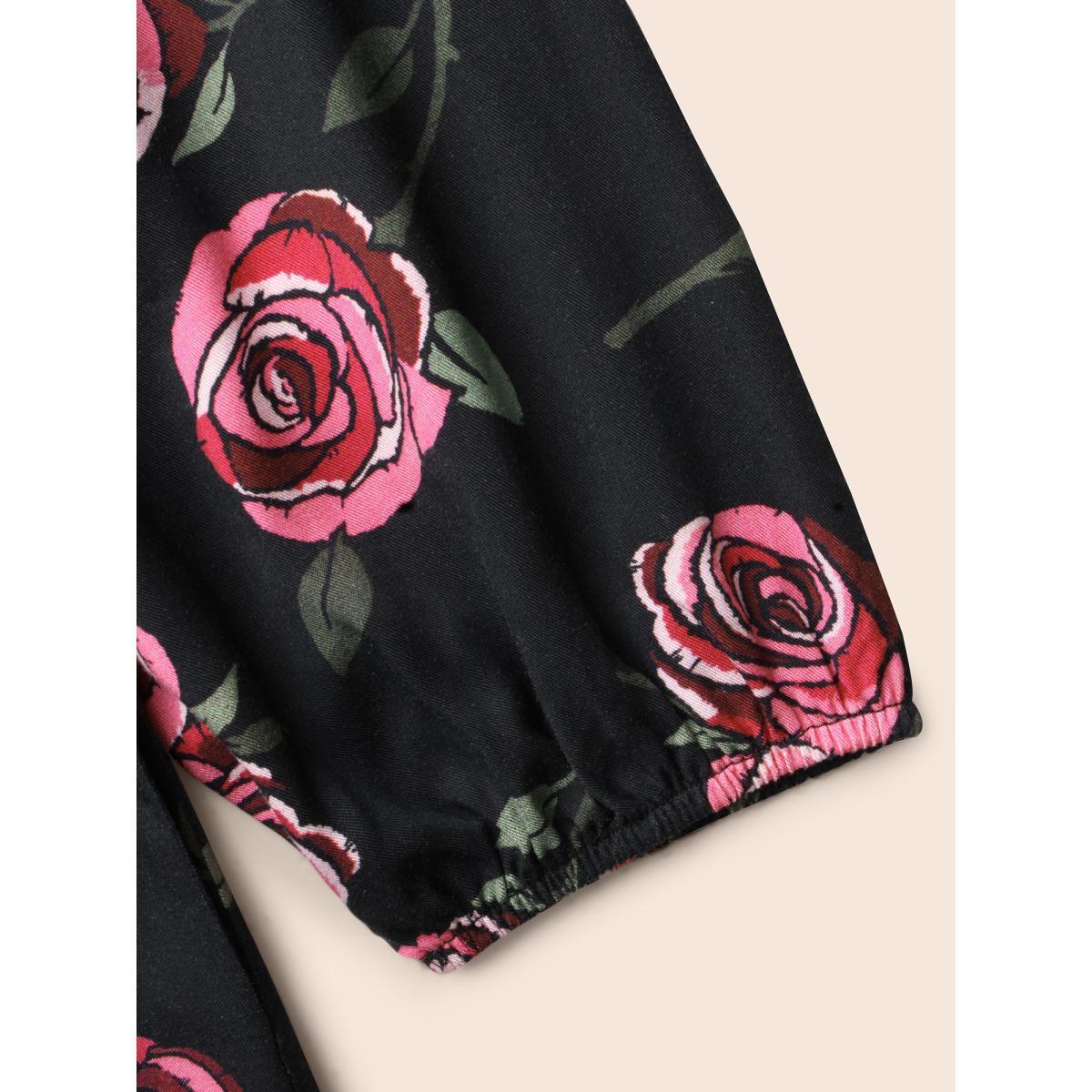 Plus Size Floral Heart Neckline Cross Straps Dress Black Women Elegant Cross straps Heart neckline Long Sleeve Curvy BloomChic 30/6X Product Image