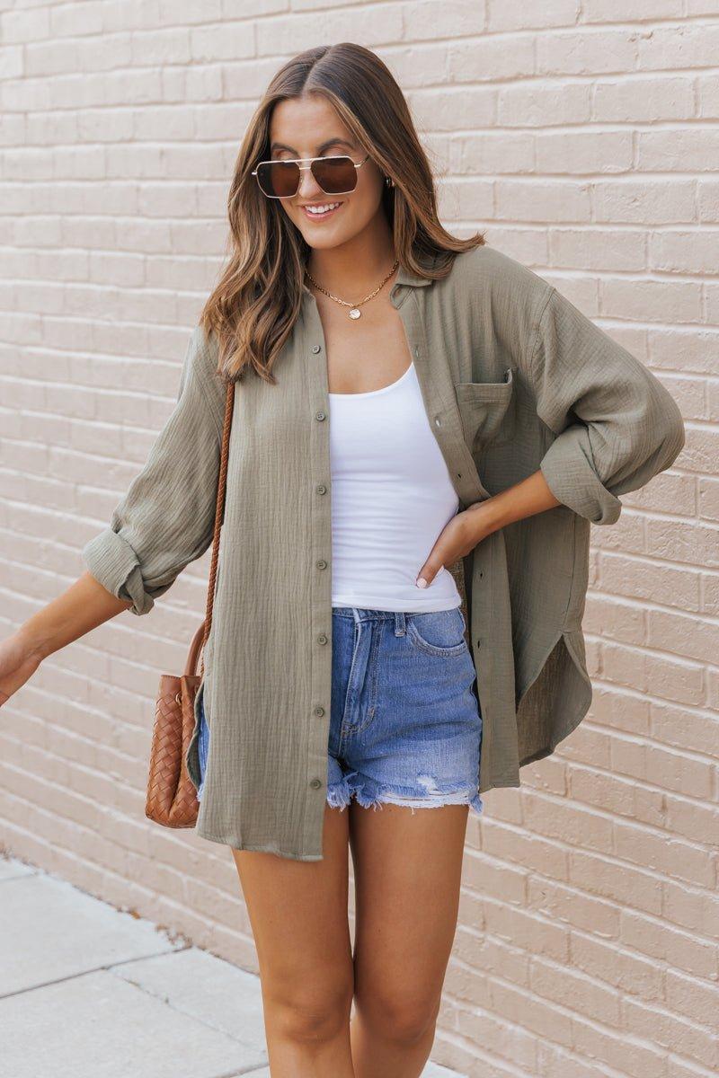 Olive Slit Button Down Shirt Product Image
