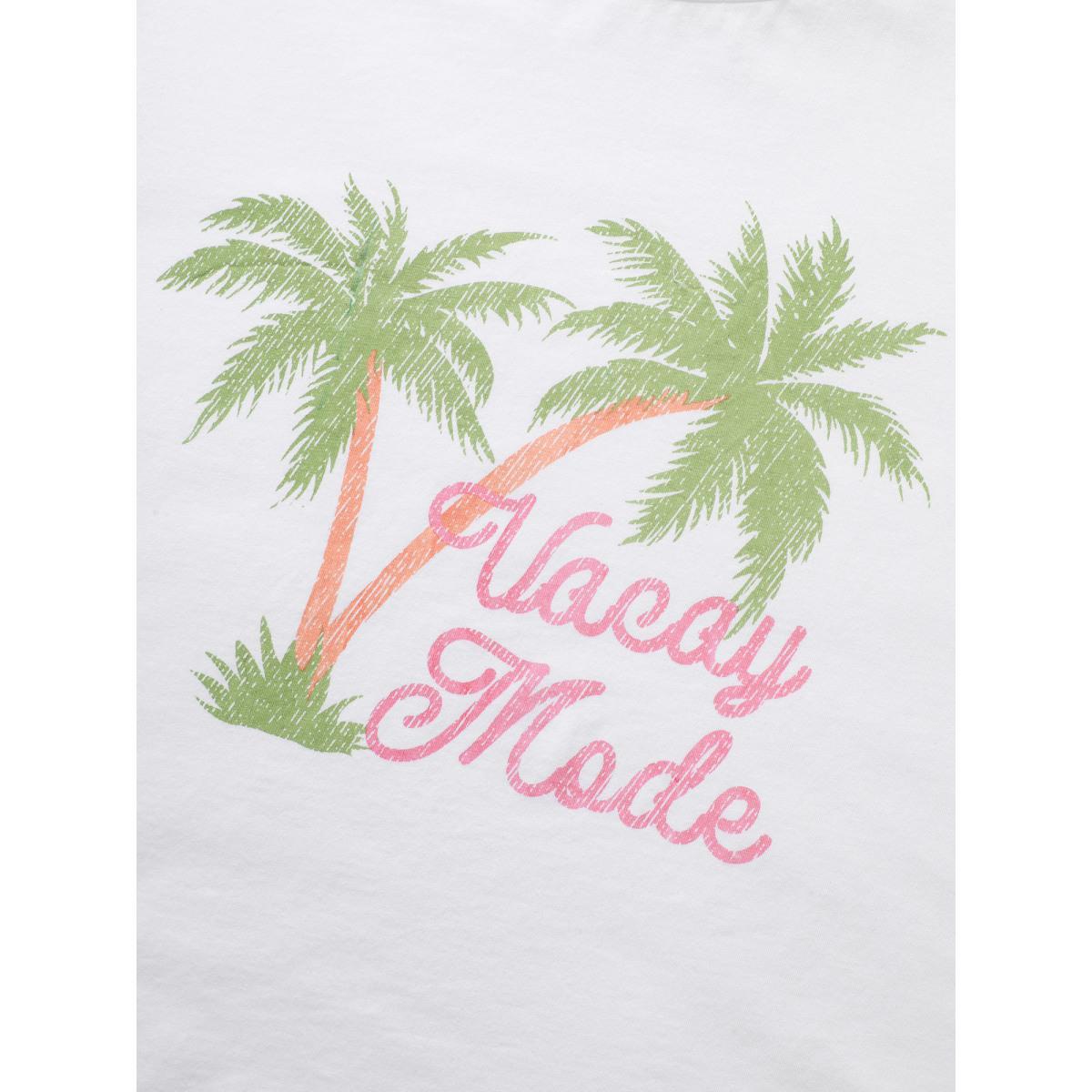 Plus Size Cotton Vacation Tropical Print Round Neck T-shirt Originalwhite Women Resort Contrast Tropical Round Neck Vacation T-shirts BloomChic 22-24/3X Product Image