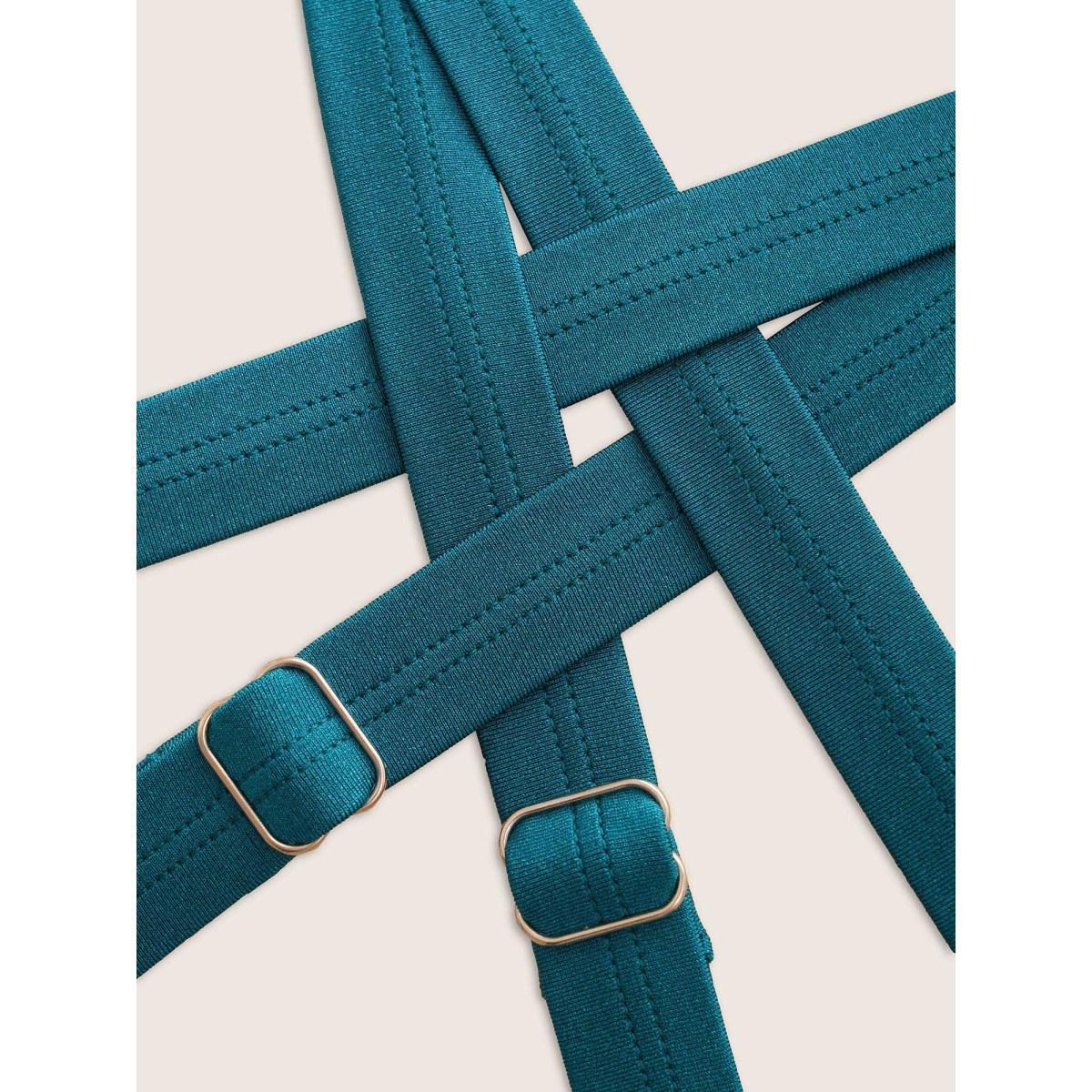Plus Size Halter Back Crisscross Pleated Swim Dress Women's Swimwear Cyan Beach Bodycon Halter neck High stretch Curve Swim Dresses BloomChic 14-16/1X Product Image