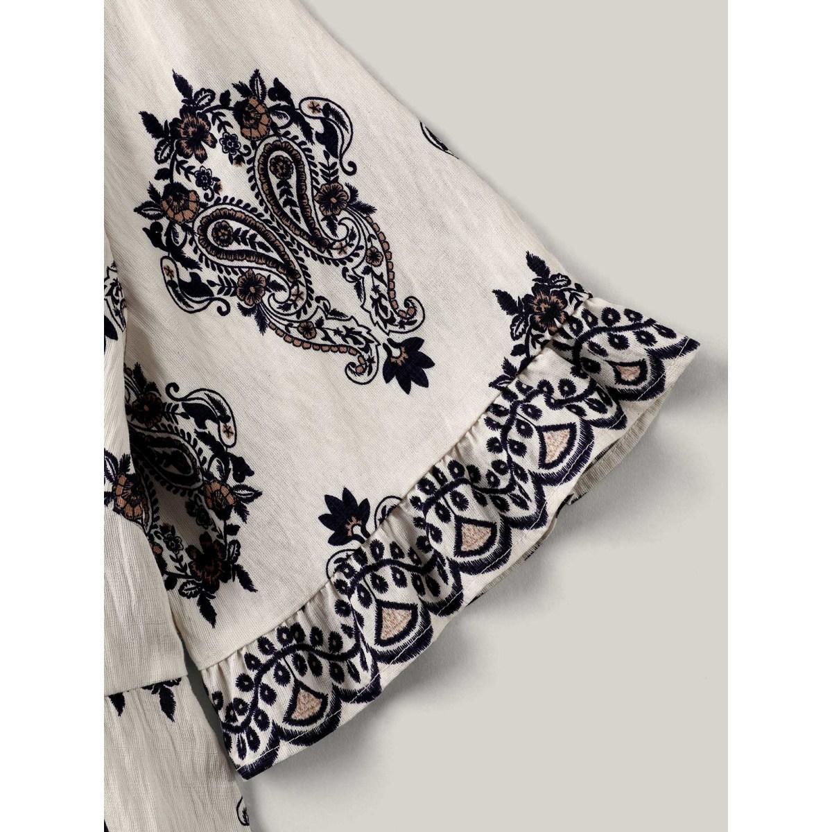 Plus Size Indigo Paisley Print Lotus Leaf Cuffs Blouse Women Short sleeve Round Neck Vacation Blouses BloomChic 12/L Product Image