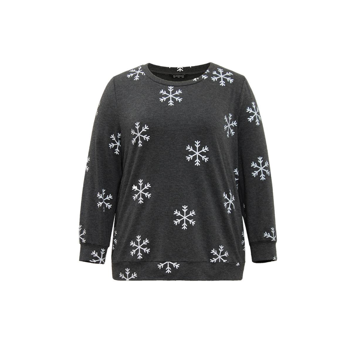 Plus Size Snowflake Print Round Neck Sweatshirt Women DimGray Casual Contrast Round Neck Festival-Christmas Sweatshirts BloomChic 30/6X Product Image