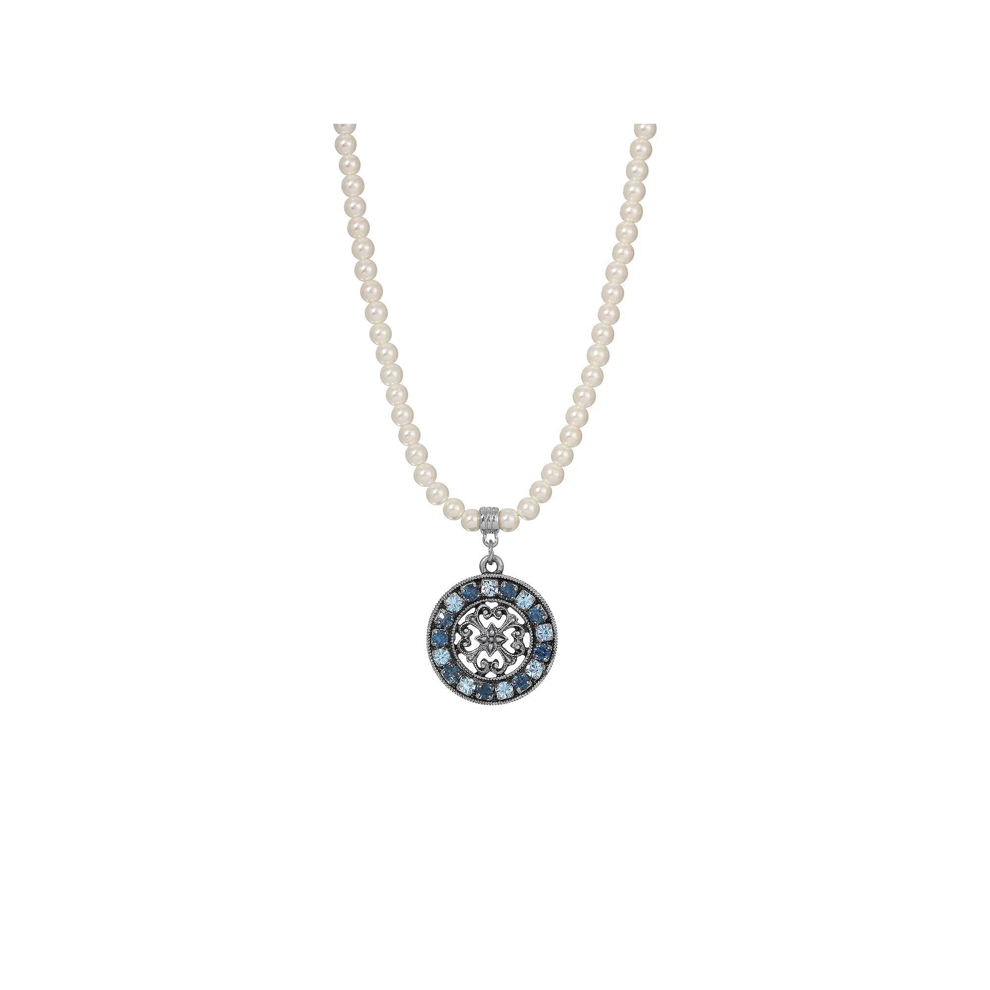 1928 Silver Tone Simulated Pearl Crystal Necklace, Womens, Blue Product Image
