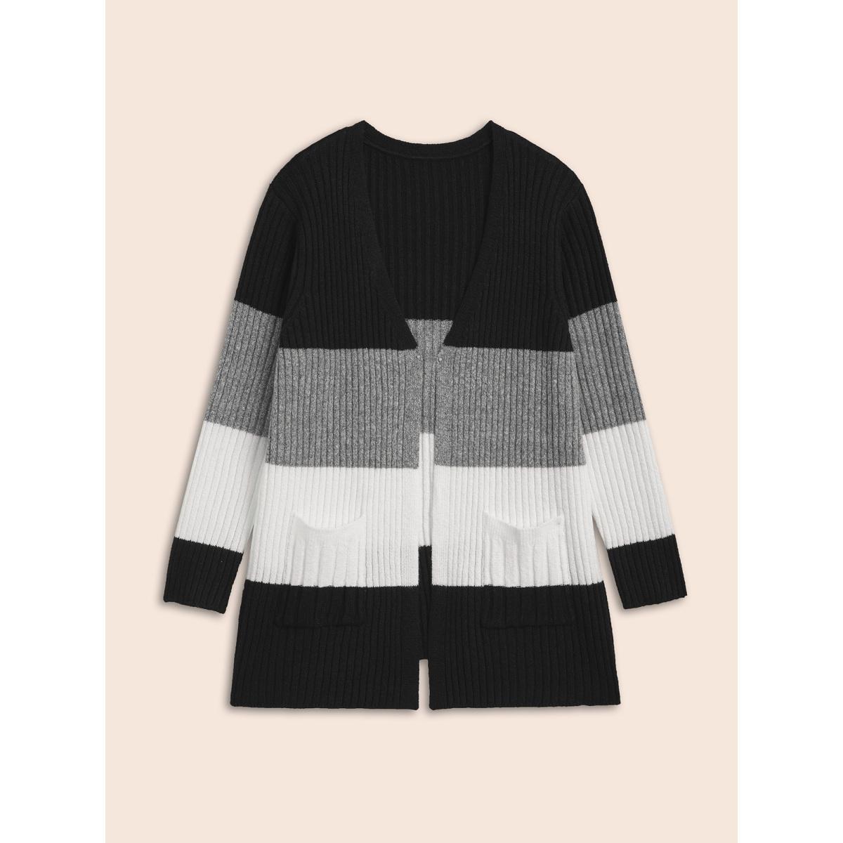 Plus Size Colorblock Contrast Patched Pocket Cardigan Black Women Casual Loose Long Sleeve Everyday Cardigans BloomChic 26/4X Product Image