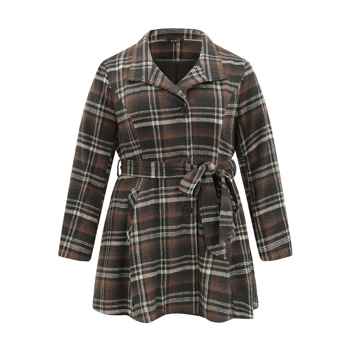 Plus Size Lapel Collar Plaid Button Through Belted Coat Women DarkBrown Elegant Lined Ladies Dailywear Winter Coats BloomChic 18-20/2X Product Image