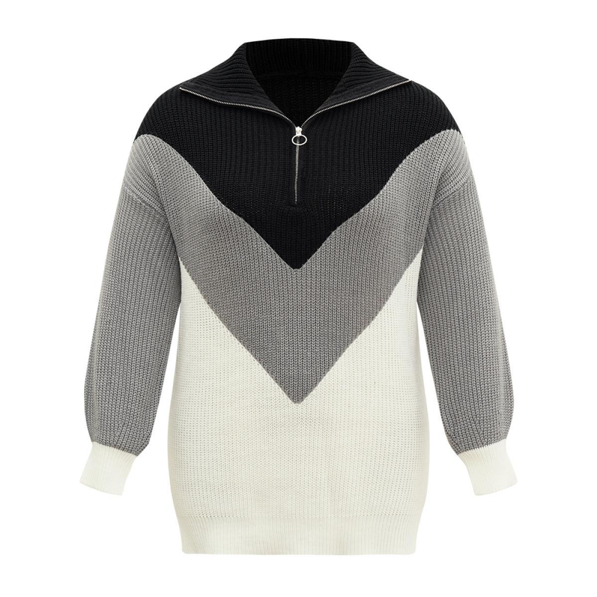 Plus Size Colorblock Patchwork Zipper Lapel Collar Pullover Multicolor Women Casual Long Sleeve Lapel Collar Everyday Pullovers BloomChic 12/L Product Image