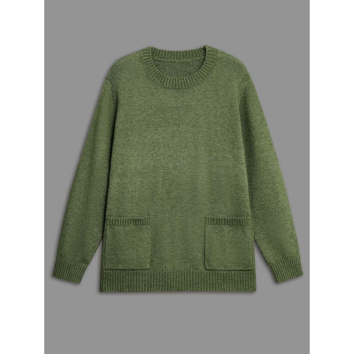 Plus Size Plain Round Neck Patched Pocket Pullover Moss Women Casual Loose Long Sleeve Round Neck Everyday Pullovers BloomChic 18-20/2X Product Image