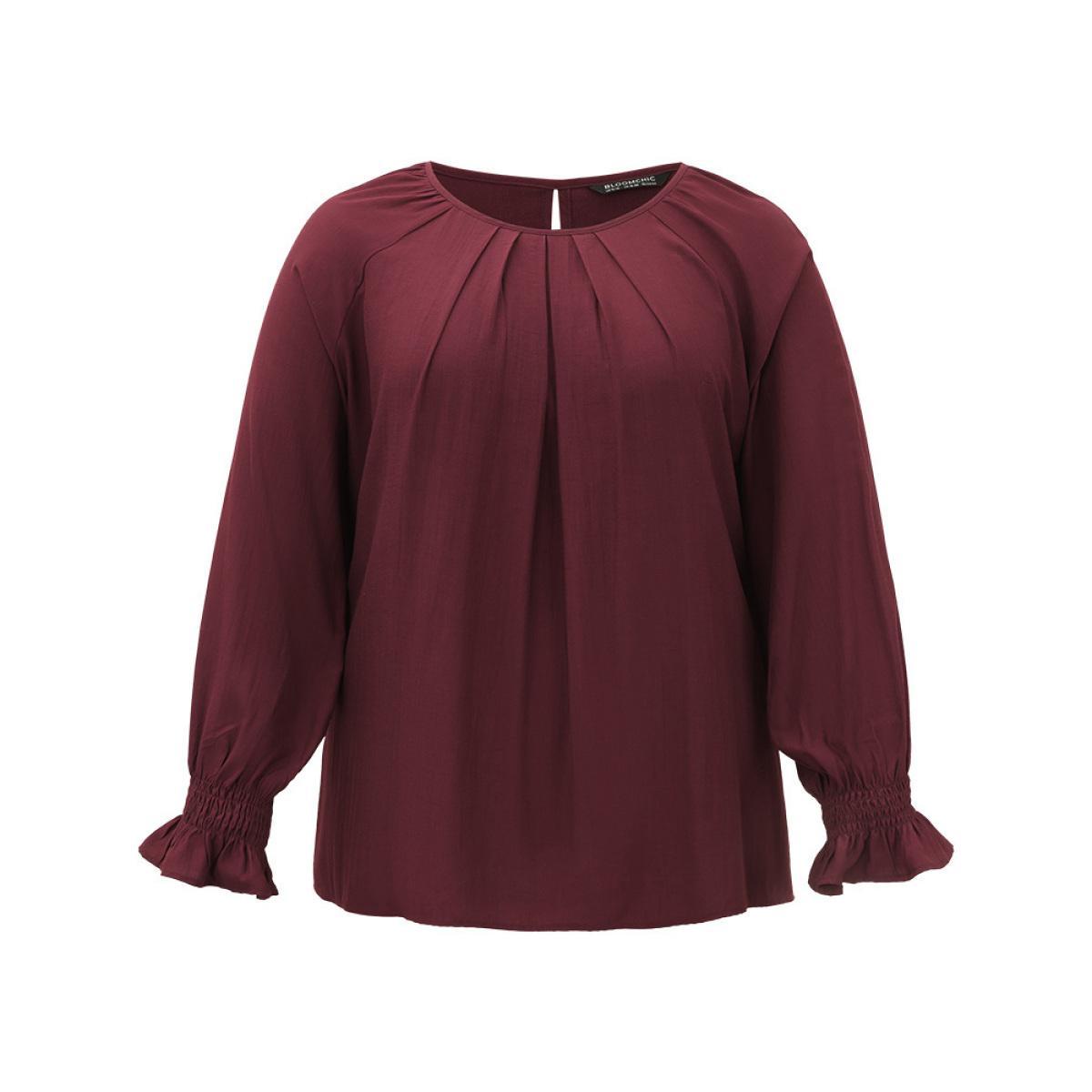 Plus Size Burgundy Supersoft Essentials Plain Plicated Detail Ruffle Trim Blouse Women Office Long Sleeve Round Neck Work Blouses BloomChic 12/L Product Image