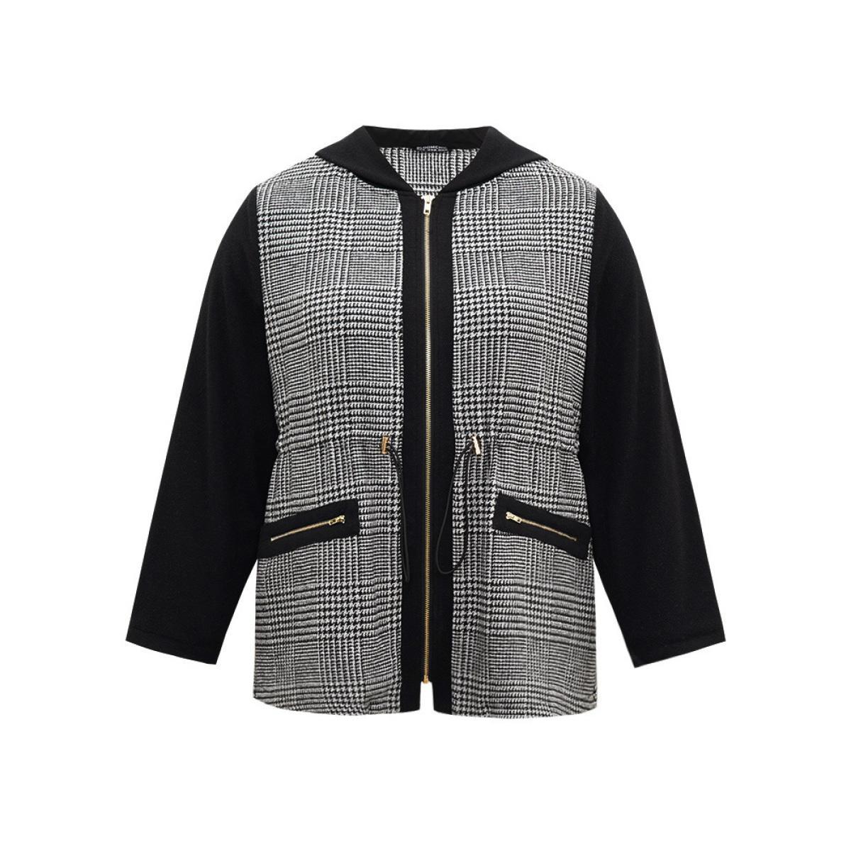 Plus Size Houndstooth Patchwork Zipper Drawstring Coat Women Gray Casual Lined Ladies Everyday Winter Coats BloomChic 12/L Product Image