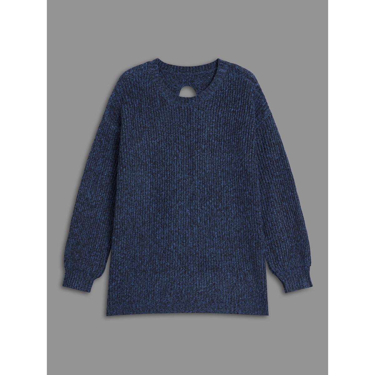 Plus Size Back Cut-Out Textured Drop Shoulder Sleeve Pullover Indigo Women Casual Loose Long Sleeve Round Neck Everyday Pullovers BloomChic 22-24/3X Product Image